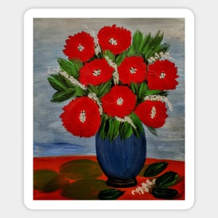 red poppies mixed with white flowers In a blue vase Sticker